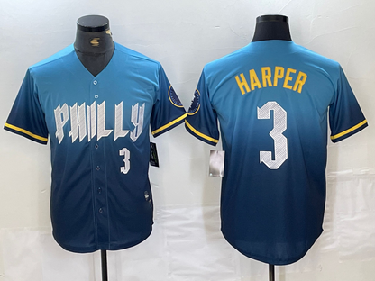Philadelphia Phillies #3 Bryce Harper Number Blue 2024 City Connect Limited Stitched Baseball Jerseys - Main View