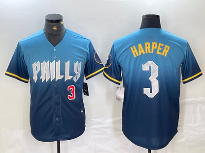 Philadelphia Phillies #3 Bryce Harper Number Blue 2024 City Connect Limited Stitched Baseball Jerseys - Main View