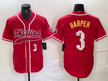 Philadelphia Phillies #3 Bryce Harper Number Red Cool Base Stitched Baseball Jerseys - Main View