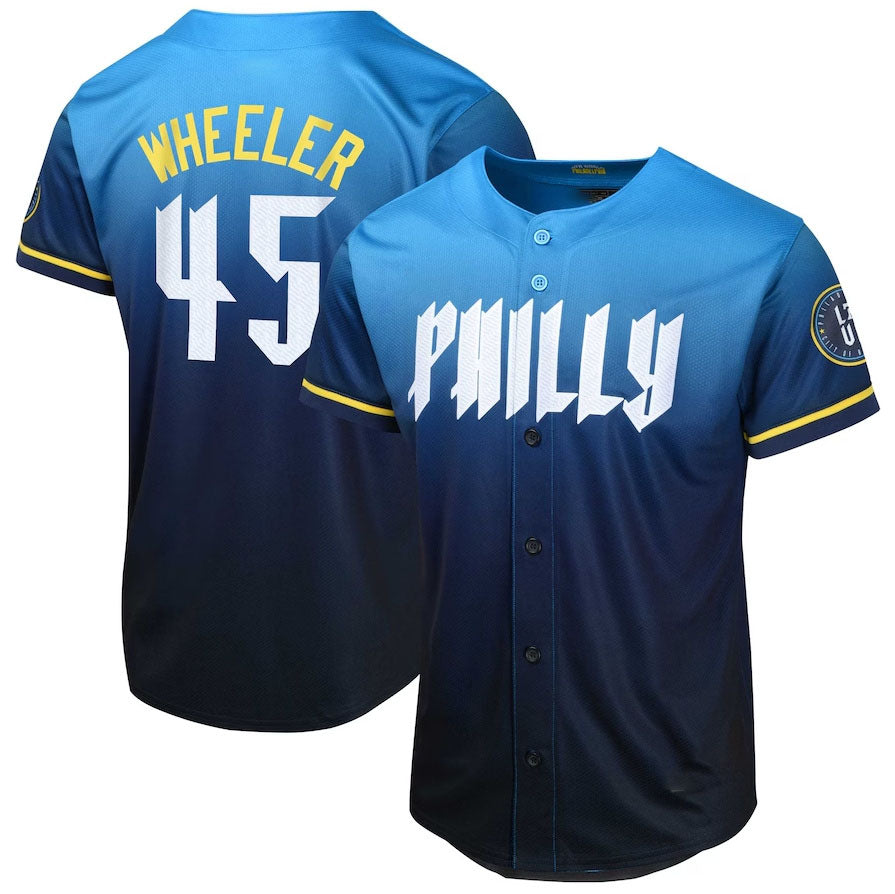 Philadelphia Phillies #45 Zack Wheeler 2024 City Connect Limited Player Jersey - Blue Stitches Baseball Jerseys - Main View