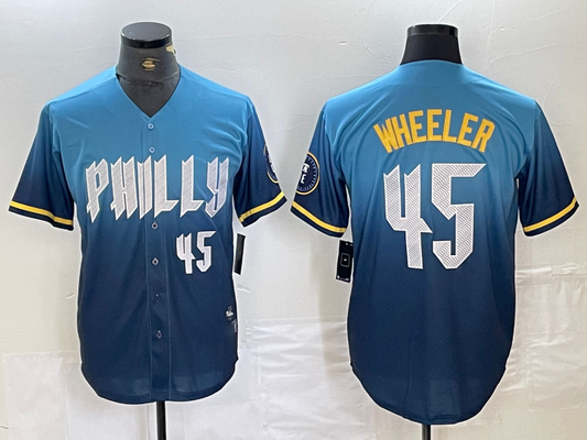 Philadelphia Phillies #45 Zack Wheeler Blue 2024 City Player Number Cool Base Stitched Baseball Jersey - Main View