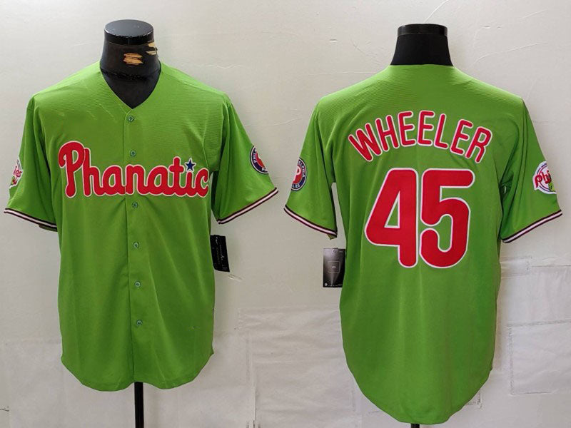 Philadelphia Phillies #45 Zack Wheeler Green With Patch Stitched Cool Base Baseball Jersey - Main View