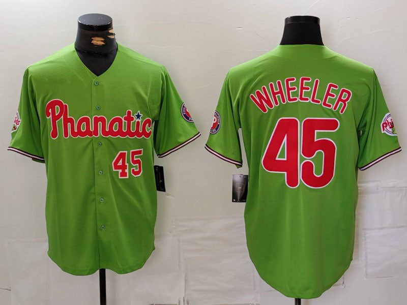 Philadelphia Phillies #45 Zack Wheeler Number Green With Patch Stitched Cool Base Baseball Jersey - Main View