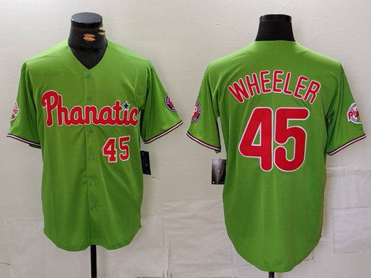 Philadelphia Phillies #45 Zack Wheeler Number Green With Patch Stitched Cool Base Baseball Jersey - Main View