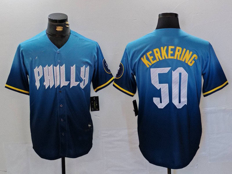 Philadelphia Phillies #50 Orion Kerkering Blue 2024 City Connect Limited Stitched Baseball Jersey - Main View