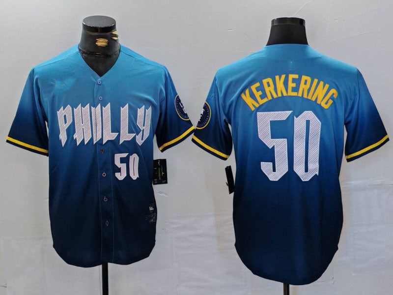 Philadelphia Phillies #50 Orion Kerkering Number Blue 2024 City Connect Limited Stitched Baseball Jersey - Main View