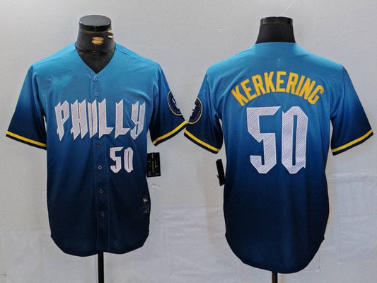 Philadelphia Phillies #50 Orion Kerkering Number Blue 2024 City Connect Limited Stitched Baseball Jersey - Main View