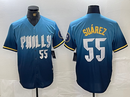 Philadelphia Phillies #55 Ranger Suarez Blue 2024 City Player Number Cool Base Baseball Jersey - Main View