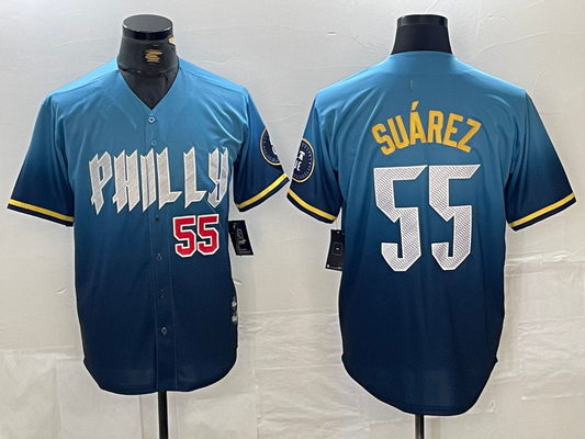 Philadelphia Phillies #55 Ranger Suarez Blue 2024 City Player Number Cool Base Baseball Jersey - Main View