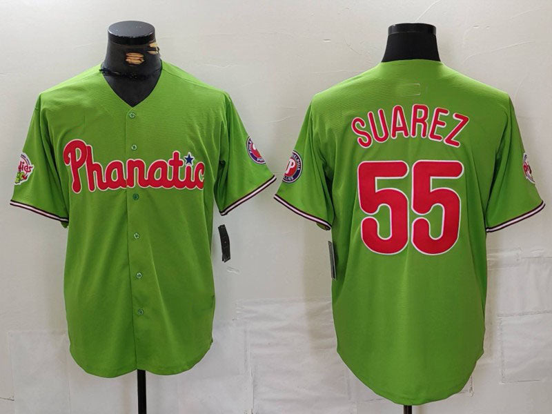 Philadelphia Phillies #55 Ranger Suarez Green With Patch Stitched Cool Base Baseball Jersey - Main View