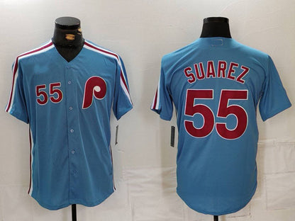 Philadelphia Phillies #55 Ranger Suarez Number Light Blue Cooperstown Cool Base Baseball Jersey - Main View