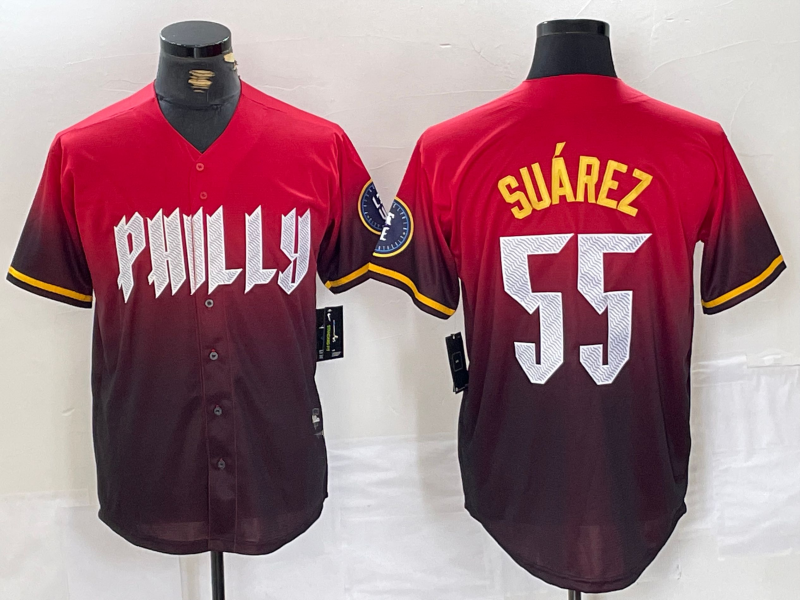 Philadelphia Phillies #55 Ranger Suarez Red 2024 City Player Number Cool Base Baseball Jersey - Main View
