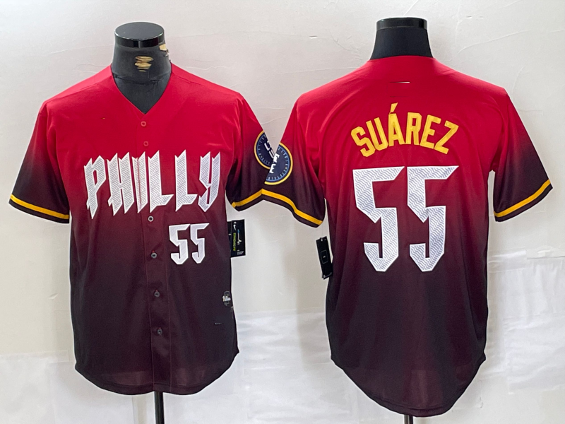 Philadelphia Phillies #55 Ranger Suarez Red 2024 City Player Number Cool Base Baseball Jersey - Main View
