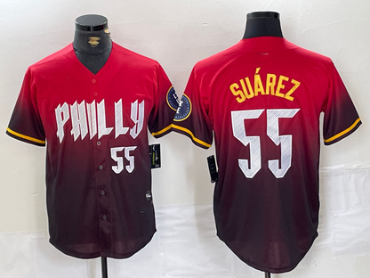 Philadelphia Phillies #55 Ranger Suarez Red 2024 City Player Number Cool Base Baseball Jersey - Main View