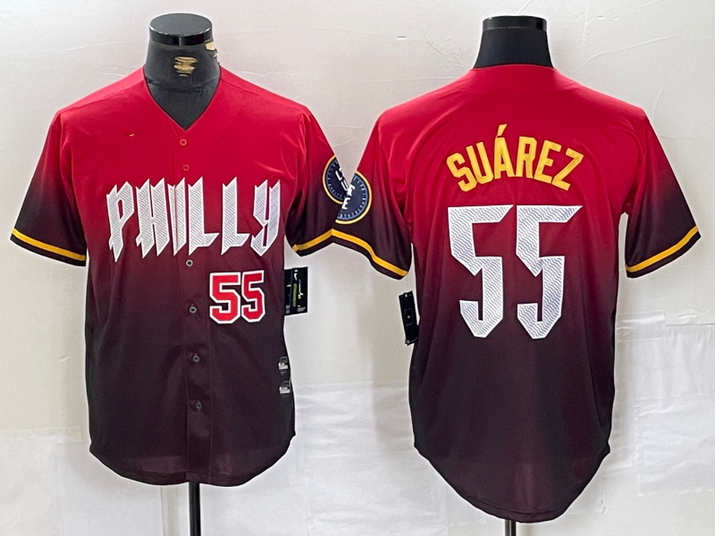 Philadelphia Phillies #55 Ranger Suarez Red 2024 City Player Number Cool Base Baseball Jersey - Main View