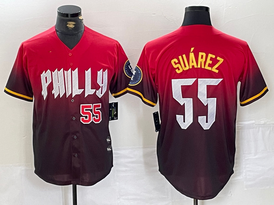 Philadelphia Phillies #55 Ranger Suarez Red 2024 City Player Number Cool Base Baseball Jersey - Main View