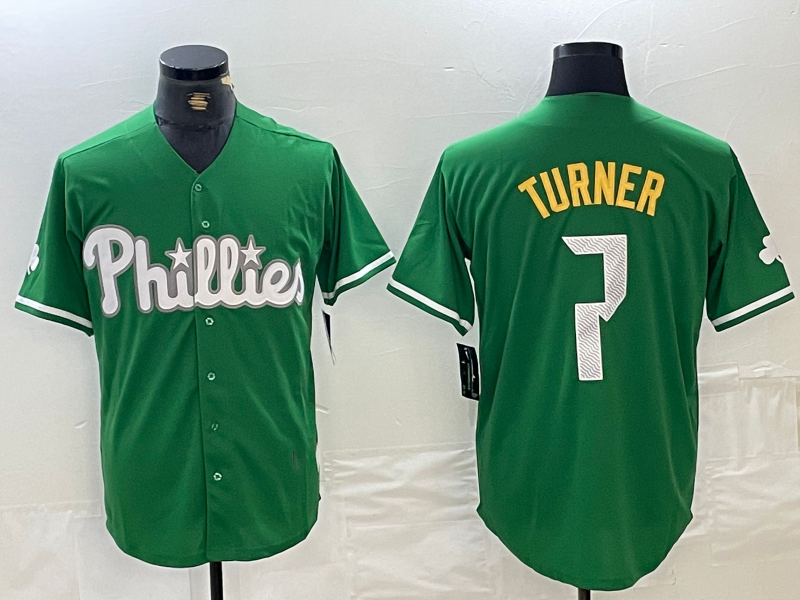 Philadelphia Phillies #7 Trea Turner Kelly Green Cool Base Baseball Jersey - Main View