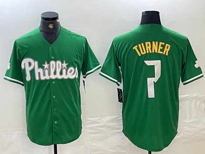Philadelphia Phillies #7 Trea Turner Kelly Green Cool Base Baseball Jersey - Main View