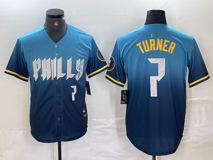 Philadelphia Phillies #7 Trea Turner Number Blue 2024 City Connect Limited Stitched Baseball Jerseys - Main View