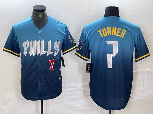 Philadelphia Phillies #7 Trea Turner Number Blue 2024 City Connect Limited Stitched Baseball Jerseys - Main View