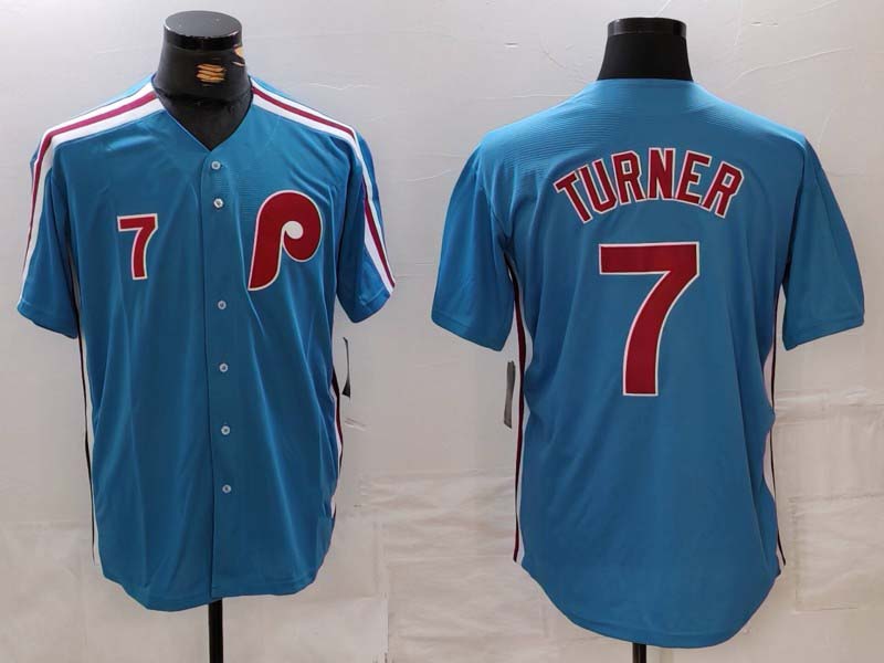 Philadelphia Phillies #7 Trea Turner Number Blue Cooperstown Throwback Cool Base Stitched Baseball Jerseys - Main View