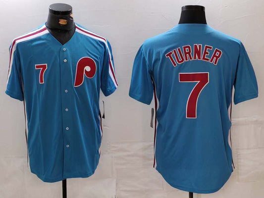 Philadelphia Phillies #7 Trea Turner Number Blue Cooperstown Throwback Cool Base Stitched Baseball Jerseys - Main View