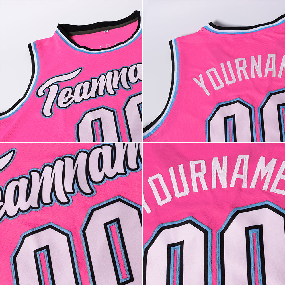 Custom Pink White-Light Blue Authentic Throwback Basketball Jersey view 5