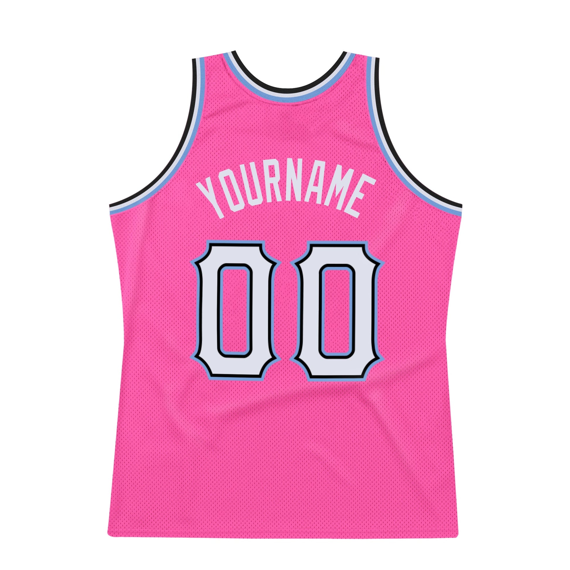 Custom Pink White-Light Blue Authentic Throwback Basketball Jersey view 7