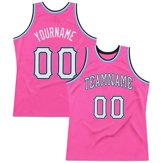 Custom Pink White-Light Blue Authentic Throwback Basketball Jersey - Main View