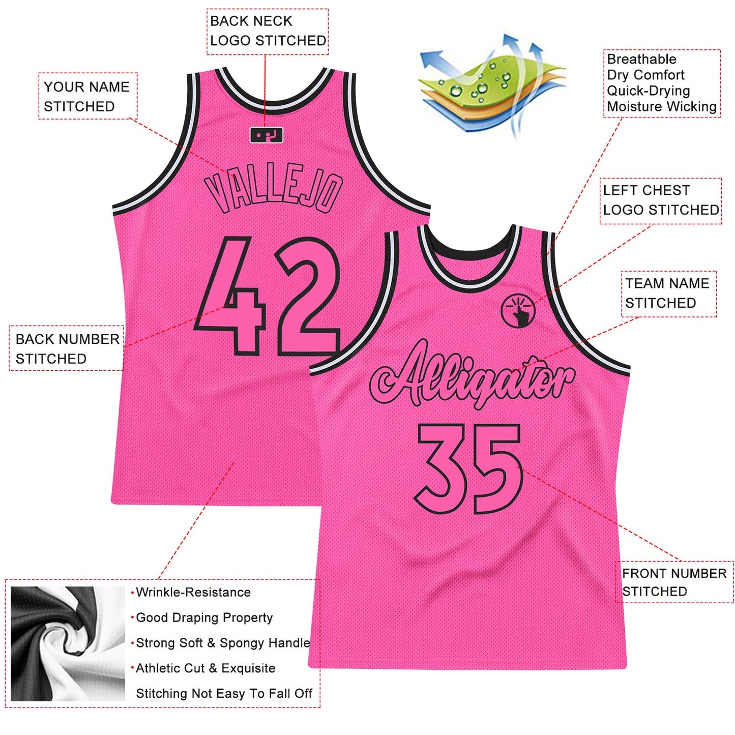 Custom Pink Pink-Black Authentic Throwback Basketball Jersey view 2