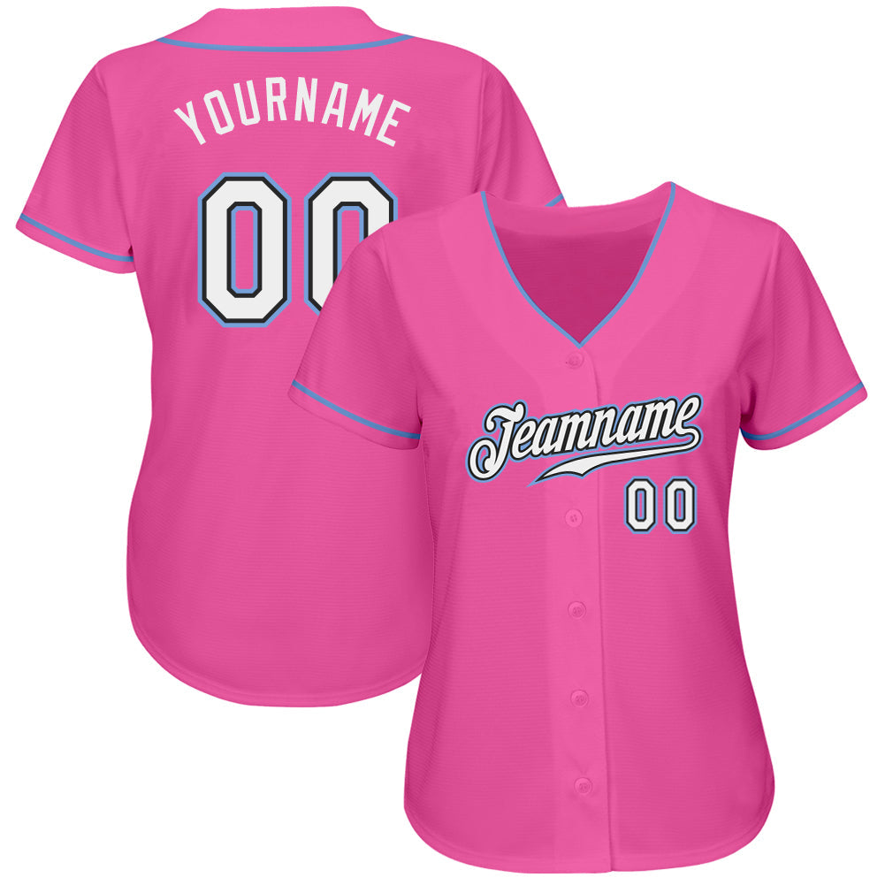 Custom Pink White-Light Blue Authentic Baseball Jersey view 3