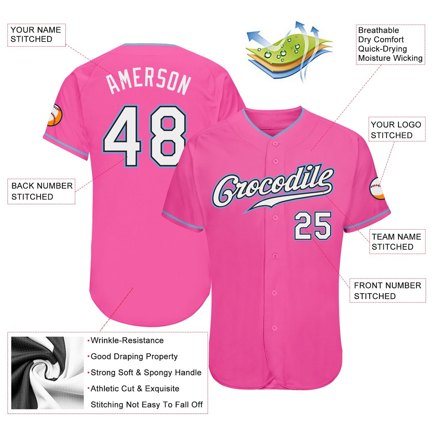 Custom Pink White-Light Blue Authentic Baseball Jersey view 4