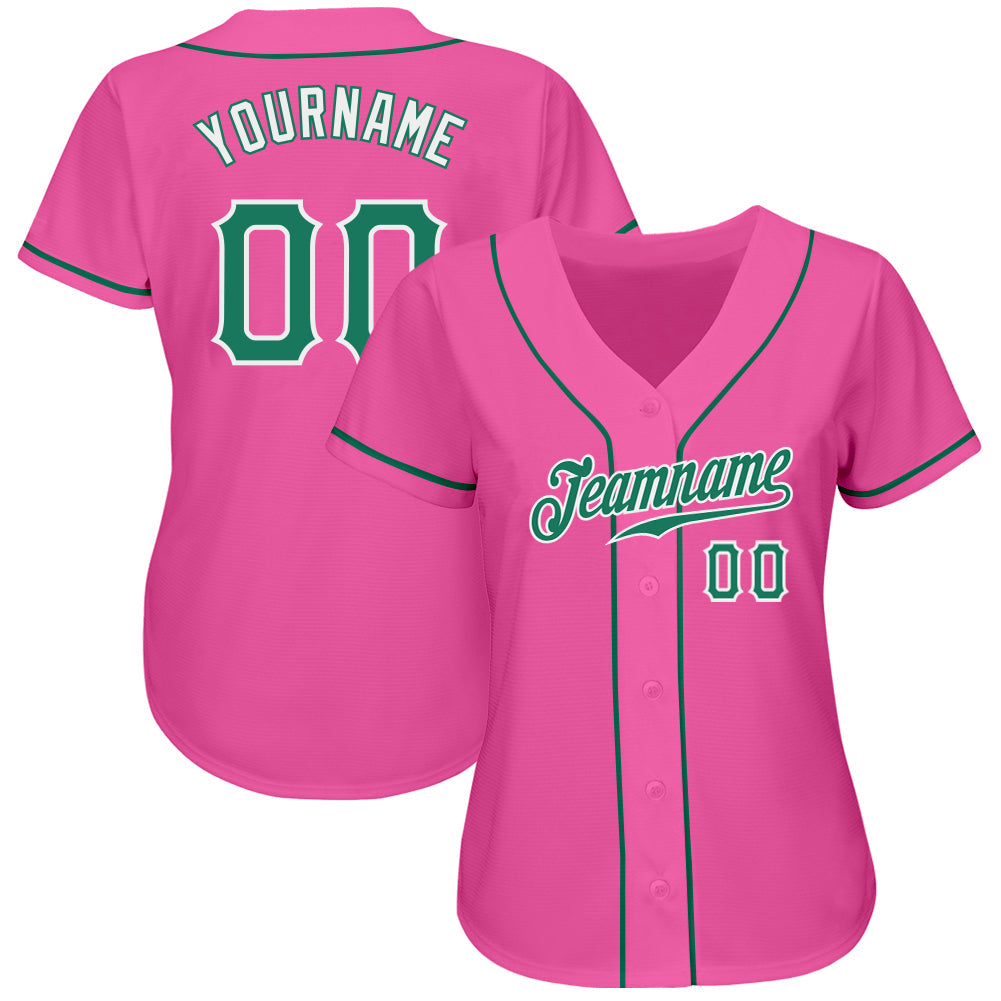 Custom Pink Kelly Green-White Authentic Baseball Jersey view 2