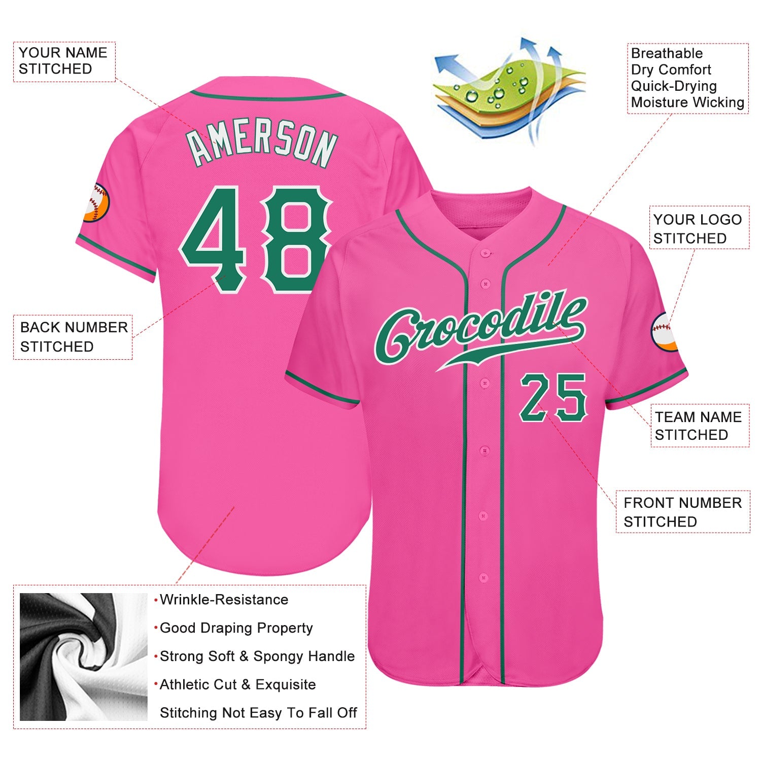 Custom Pink Kelly Green-White Authentic Baseball Jersey view 3