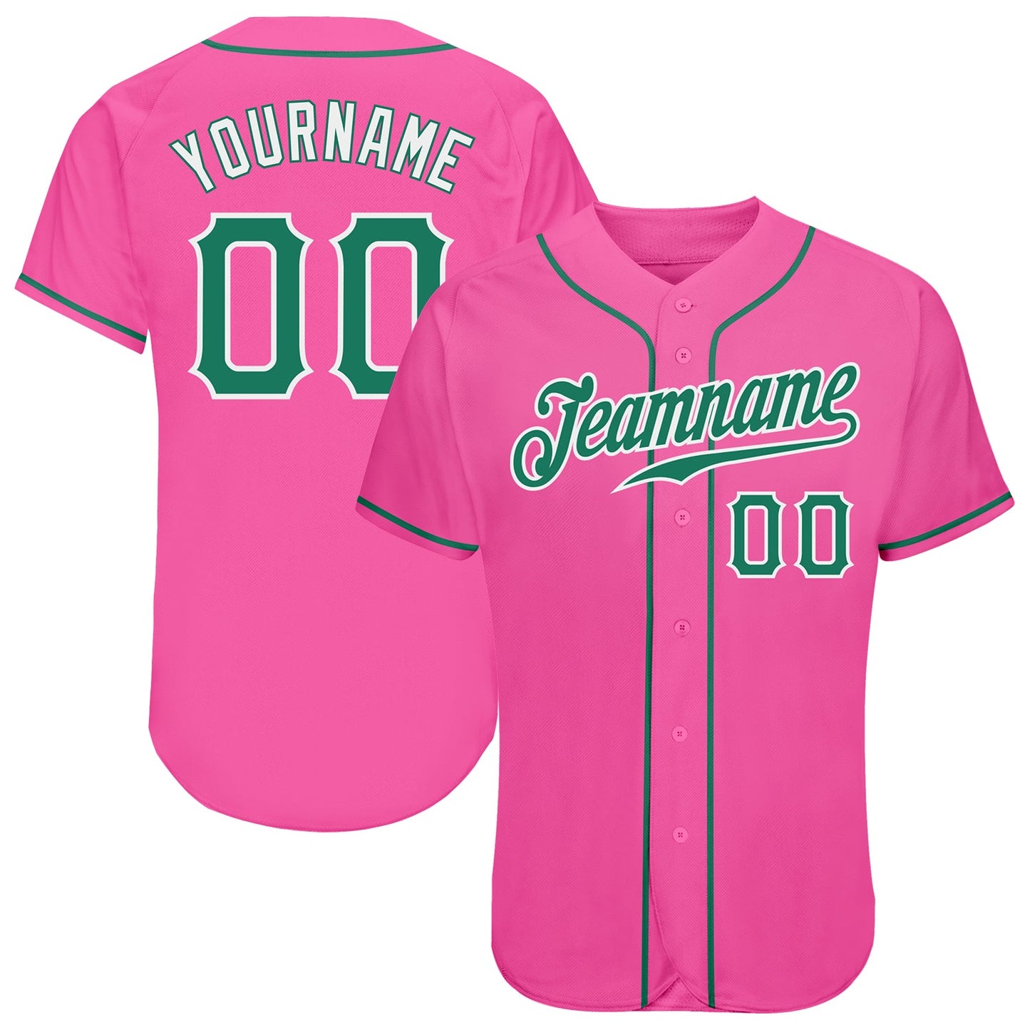 Custom Pink Kelly Green-White Authentic Baseball Jersey - Main View