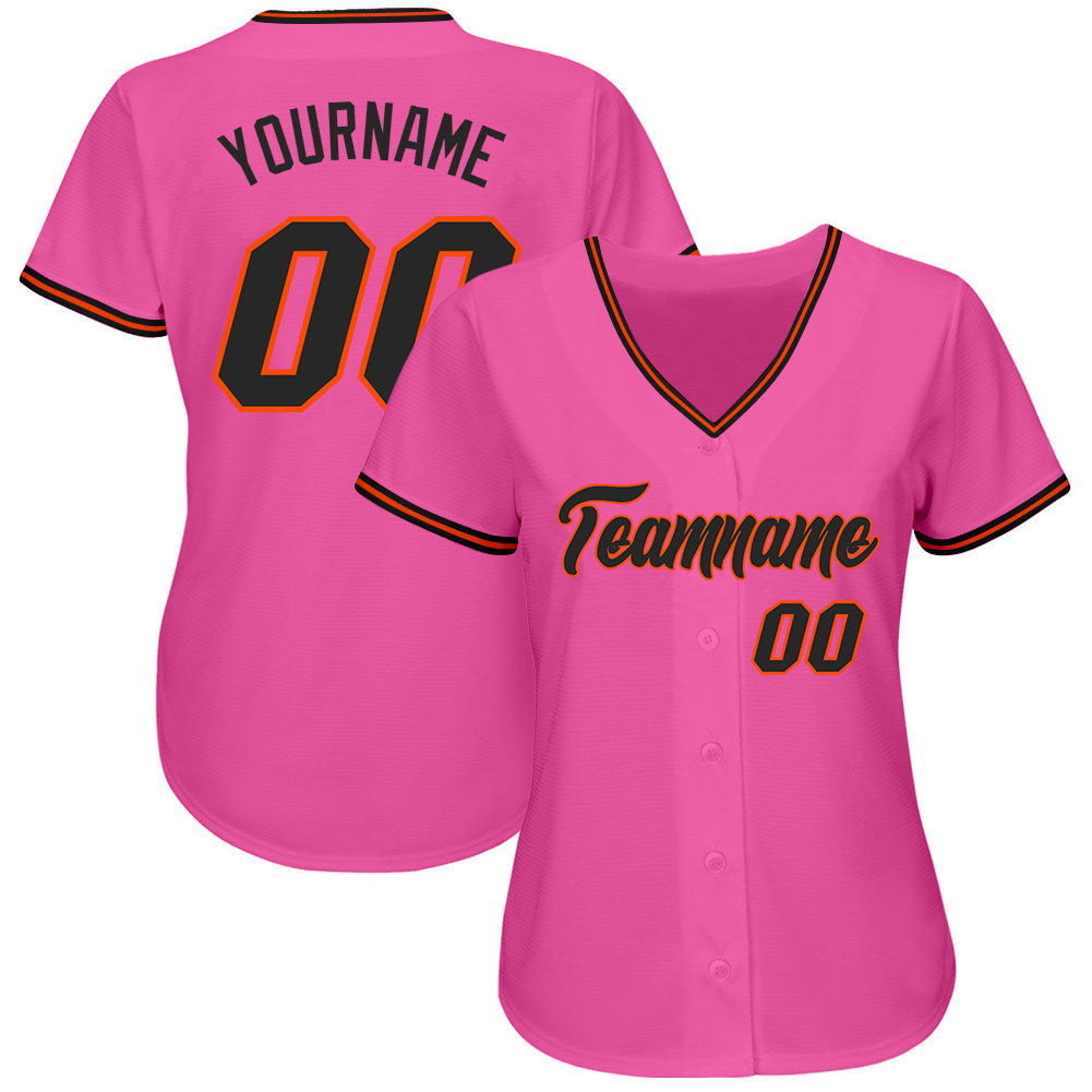 Custom Pink Black-Orange Authentic Baseball Jersey view 2