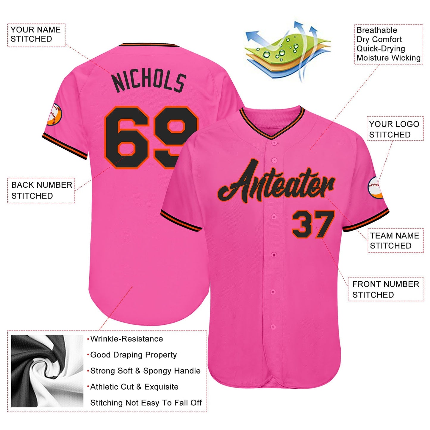 Custom Pink Black-Orange Authentic Baseball Jersey view 3