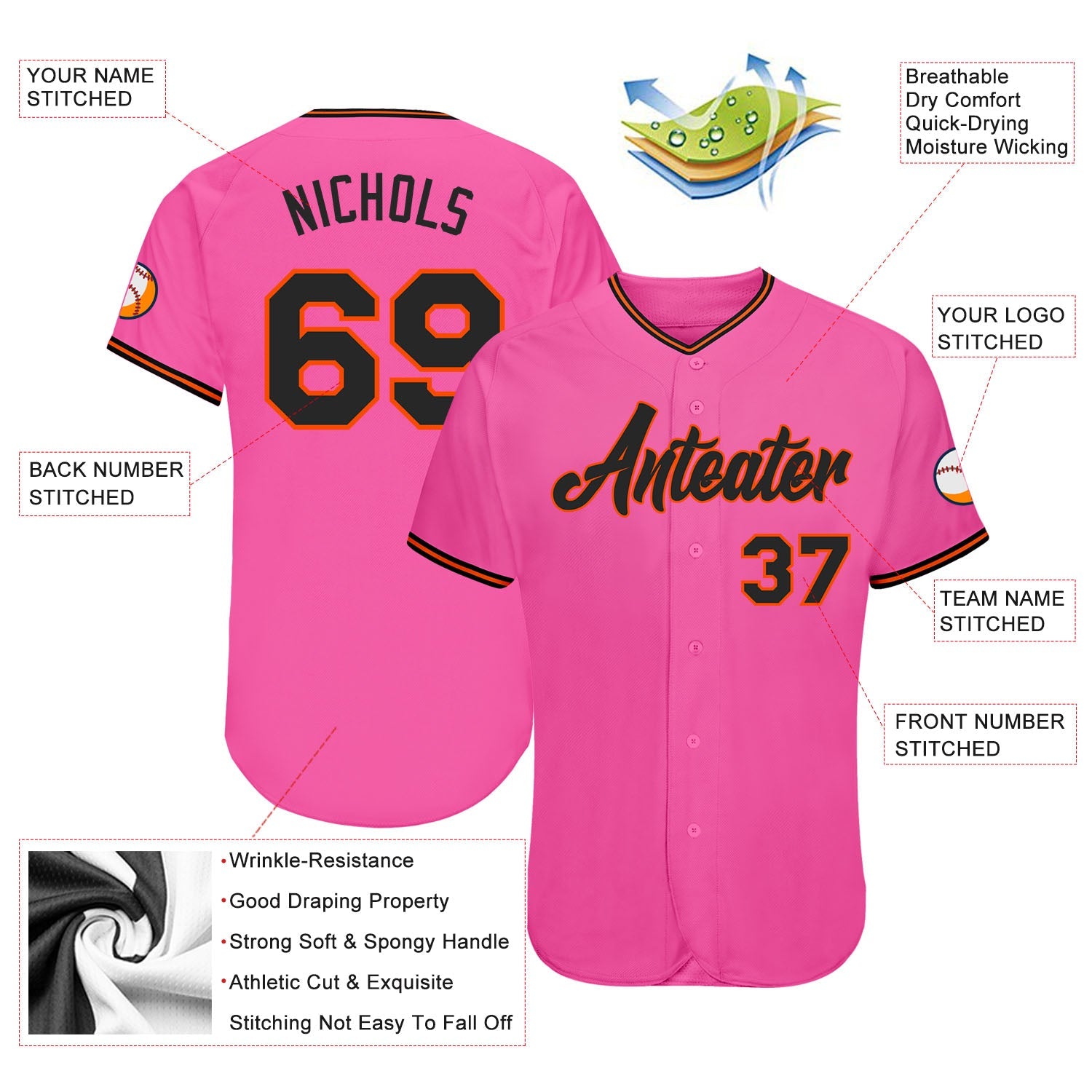 Custom Pink Black-Orange Authentic Baseball Jersey view 3
