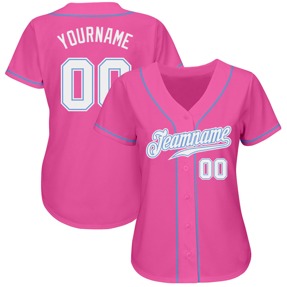 Custom Pink White-Light Blue Authentic Baseball Jersey view 2