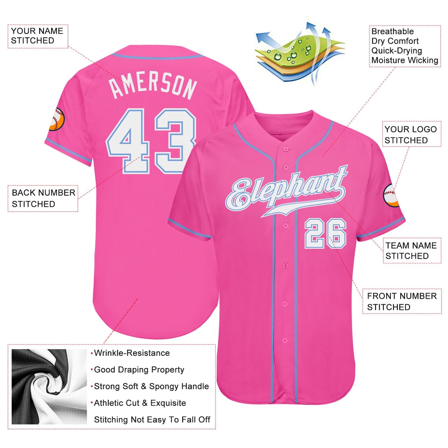 Custom Pink White-Light Blue Authentic Baseball Jersey view 3