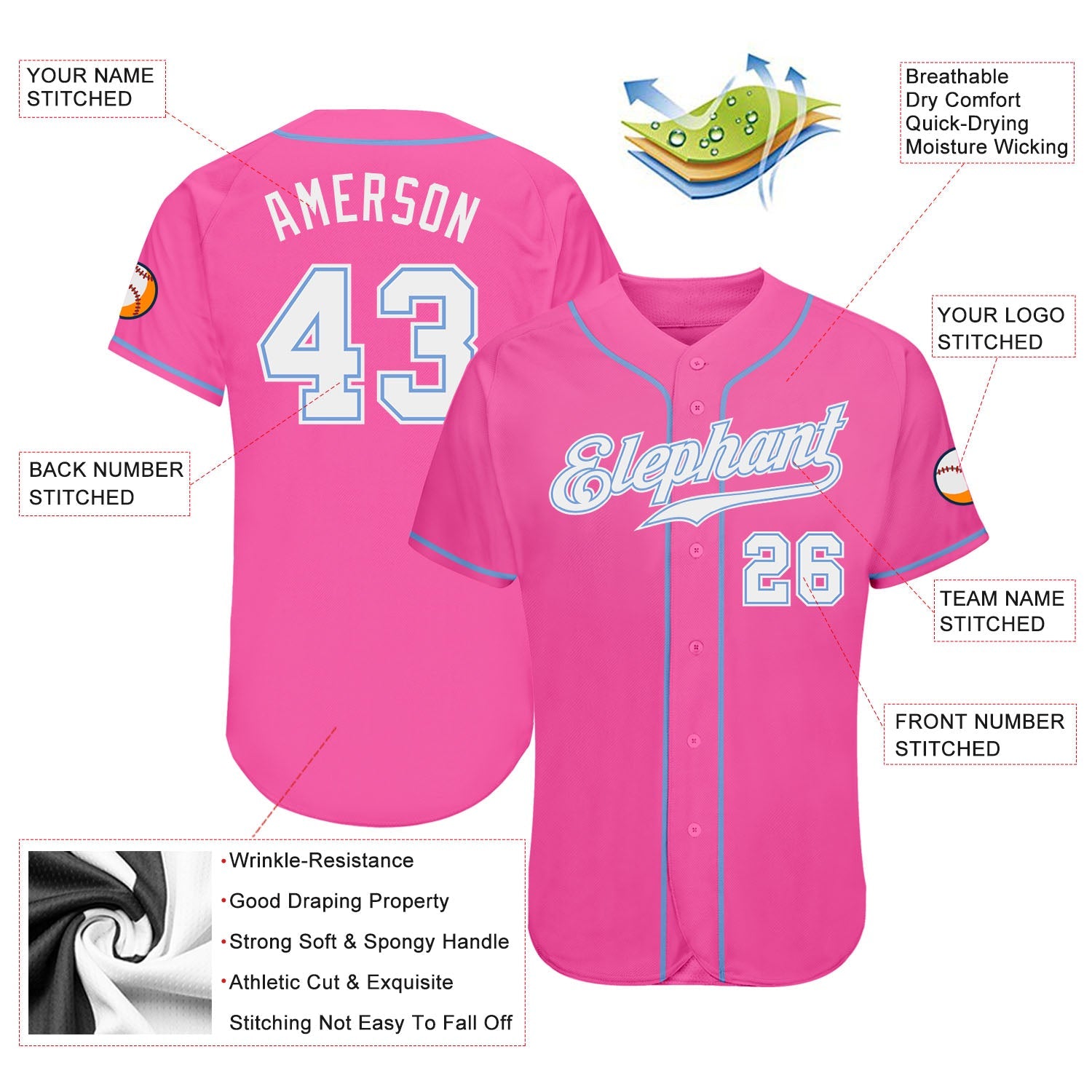 Custom Pink White-Light Blue Authentic Baseball Jersey view 3