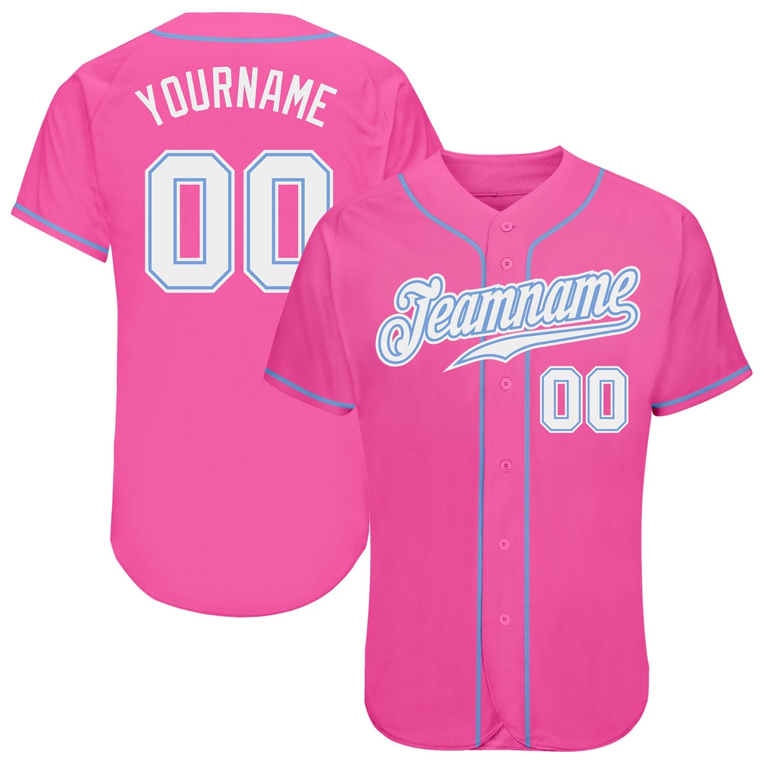 Custom Pink White-Light Blue Authentic Baseball Jersey - Main View