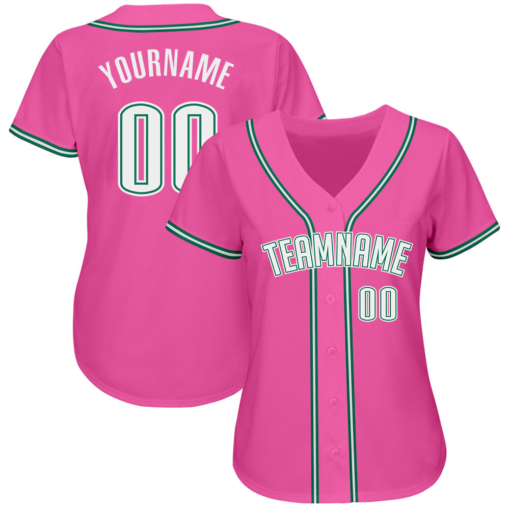 Custom Pink White-Kelly Green Authentic Baseball Jersey view 2