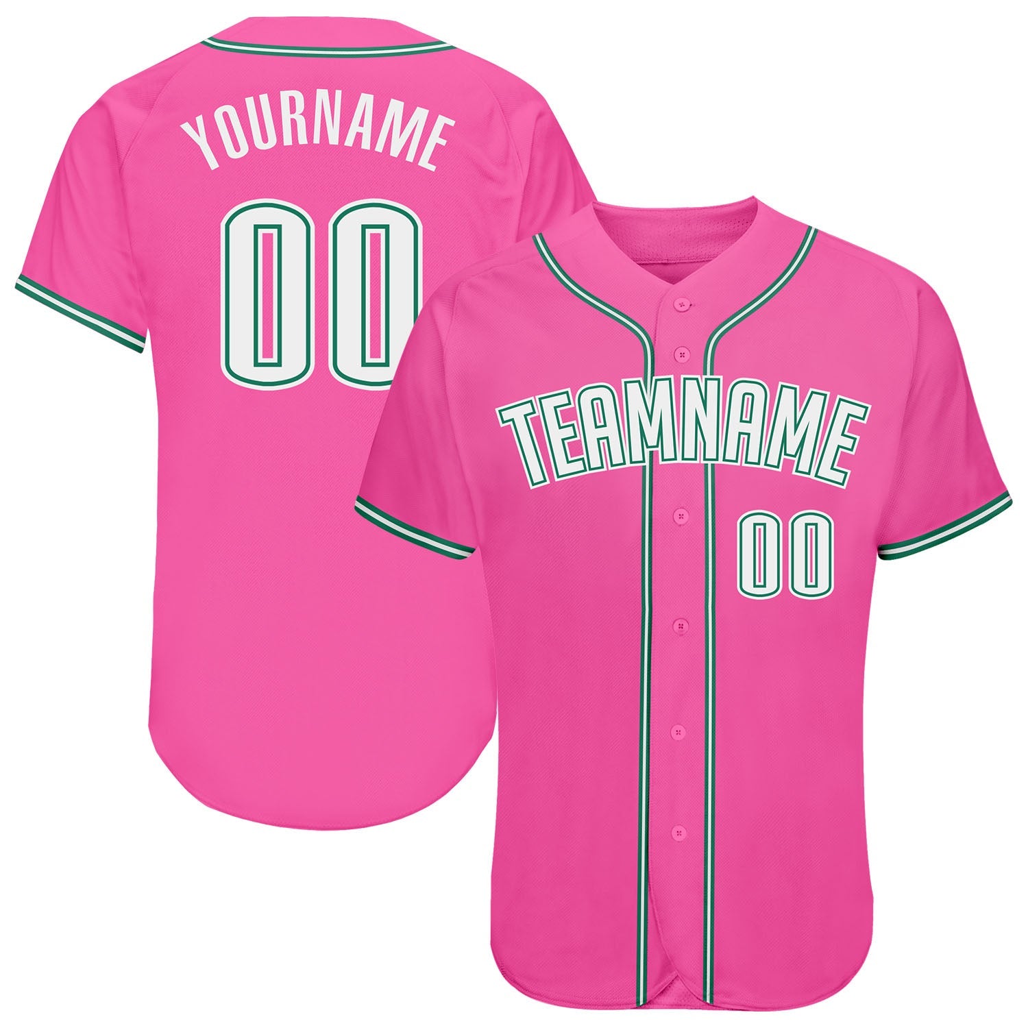 Custom Pink White-Kelly Green Authentic Baseball Jersey - Main View