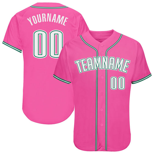 Custom Pink White-Kelly Green Authentic Baseball Jersey - Main View