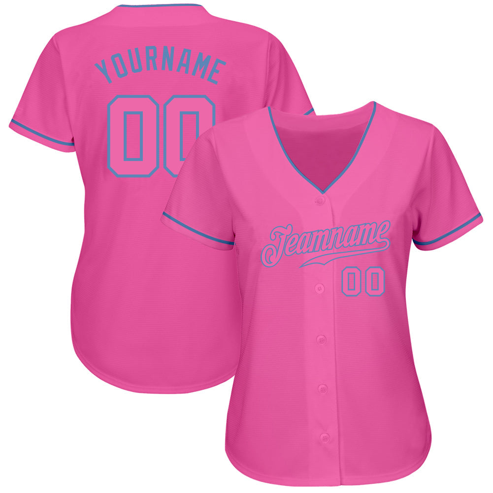 Custom Pink Pink-Light Blue Authentic Baseball Jersey view 2