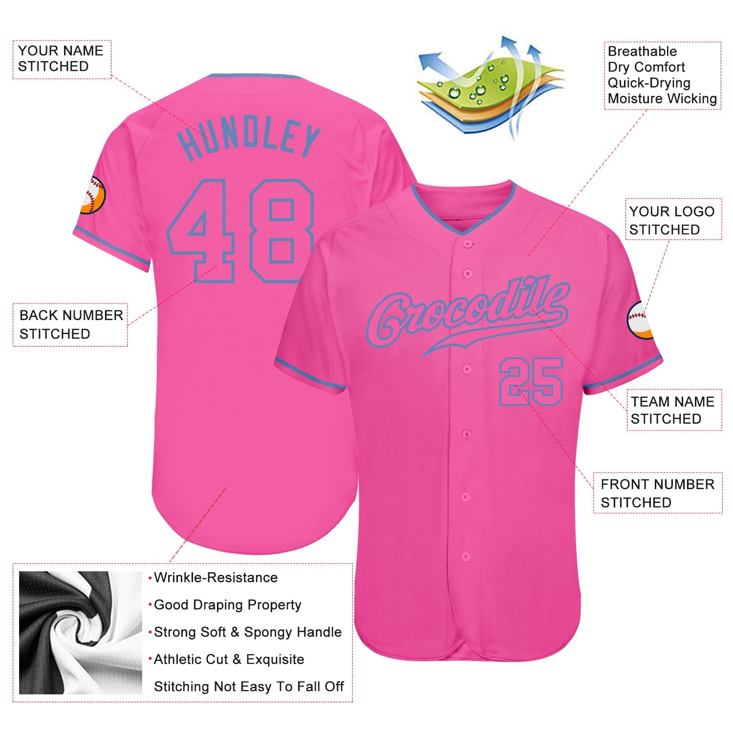 Custom Pink Pink-Light Blue Authentic Baseball Jersey view 3