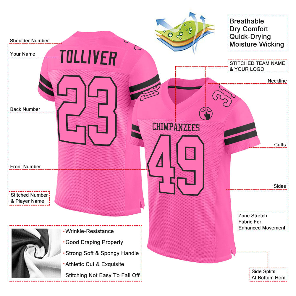 Custom Pink Pink-Black Mesh Authentic Football Jersey view 3