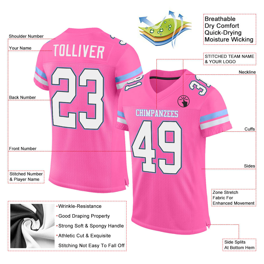 Custom Pink White-Light Blue Mesh Authentic Football Jersey view 2