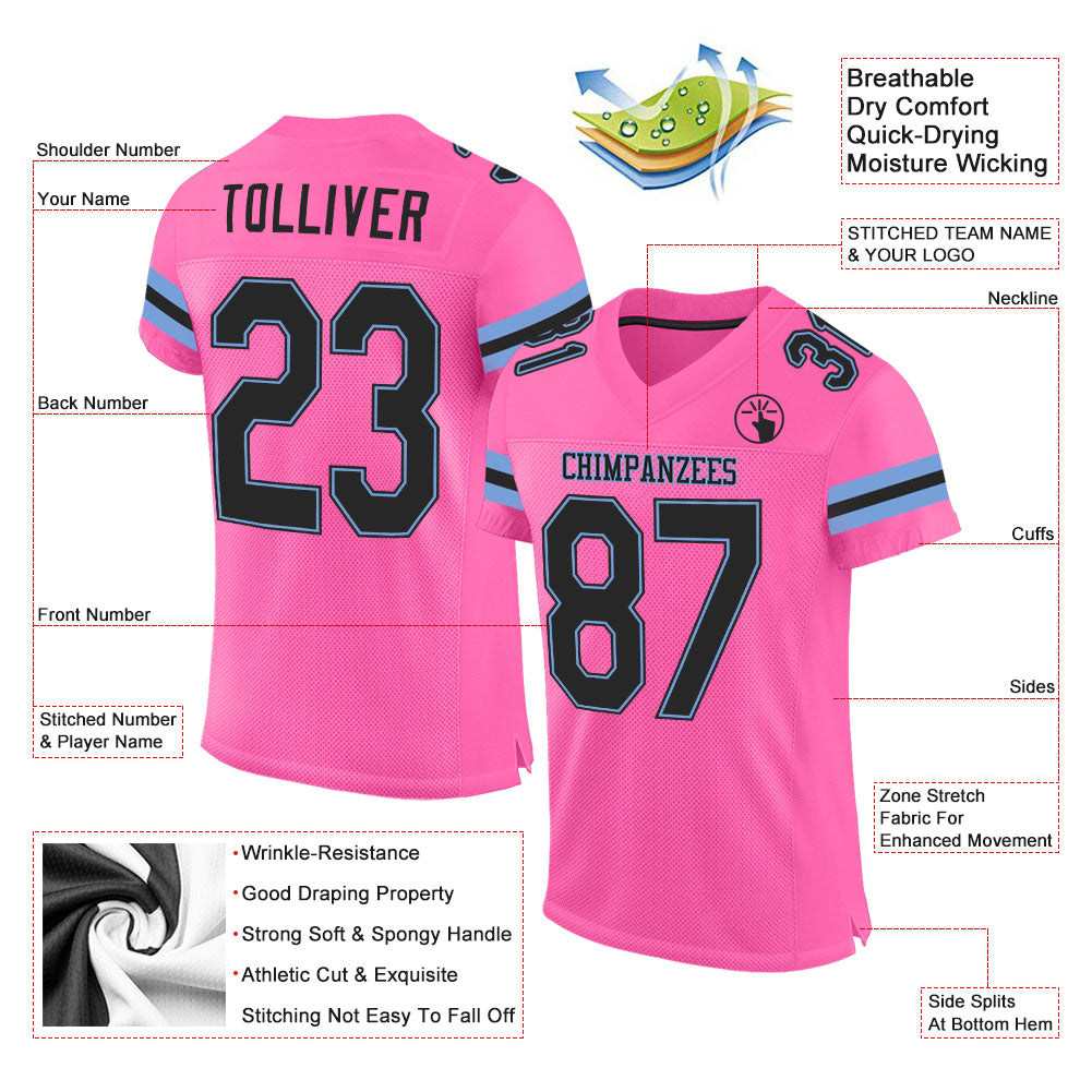 Custom Pink Black-Light Blue Mesh Authentic Football Jersey view 2